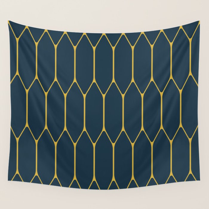 Long Honeycomb Minimalist Geometric Pattern in Light Mustard and Navy Blue Wall Tapestry Gallery Image 4
