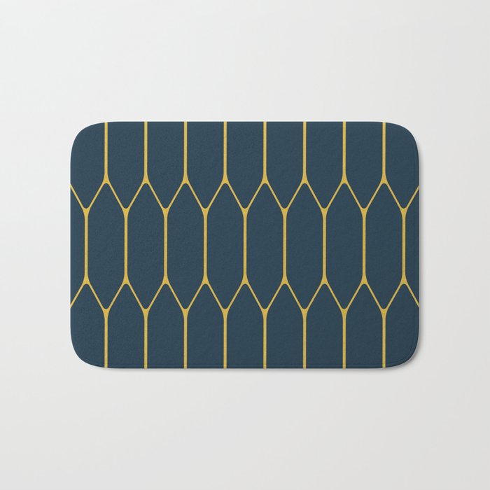 Long Honeycomb Minimalist Geometric Pattern in Light Mustard and Navy Blue Bath Mat Gallery Image 1