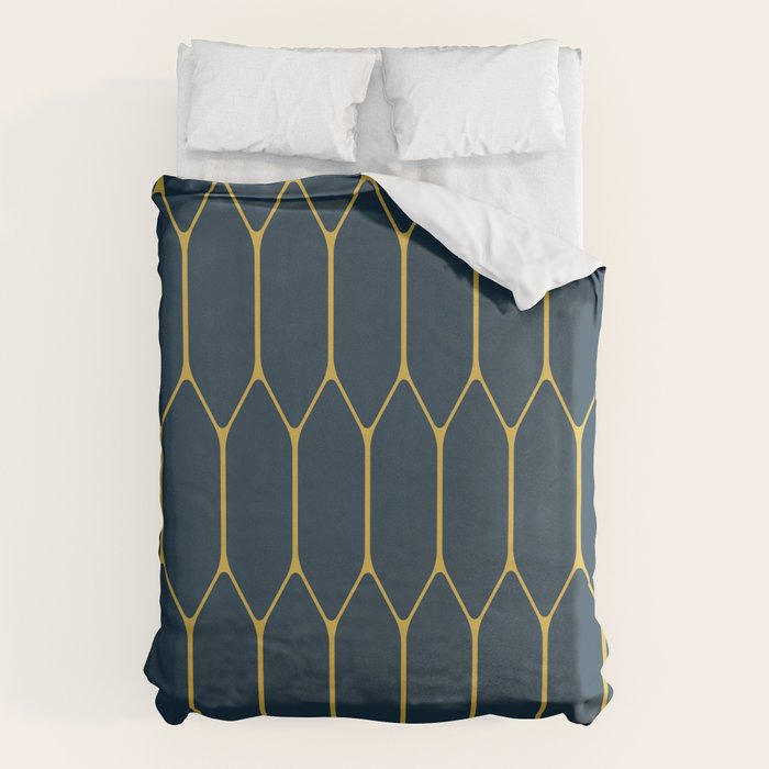 Long Honeycomb Minimalist Geometric Pattern in Light Mustard and Navy Blue Duvet Cover Gallery Image 6