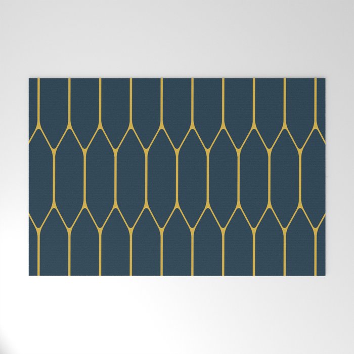 Long Honeycomb Minimalist Geometric Pattern in Light Mustard and Navy Blue Welcome Mat Gallery Image 1