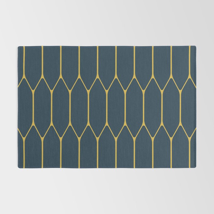 Long Honeycomb Minimalist Geometric Pattern in Light Mustard and Navy Blue Rug Gallery Image 2