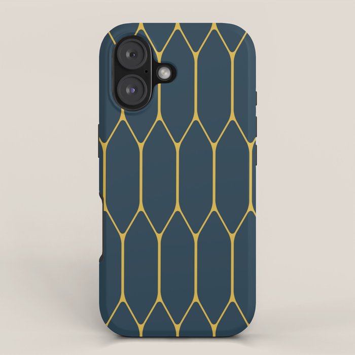 Long Honeycomb Minimalist Geometric Pattern in Light Mustard and Navy Blue iPhone Case Gallery Image 1