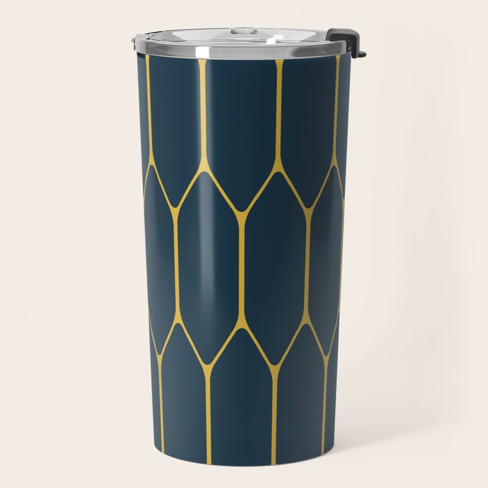 Long Honeycomb Minimalist Geometric Pattern in Light Mustard and Navy Blue Travel Mug Gallery Image 2