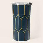 Long Honeycomb Minimalist Geometric Pattern in Light Mustard and Navy Blue Travel Mug Gallery Image 2