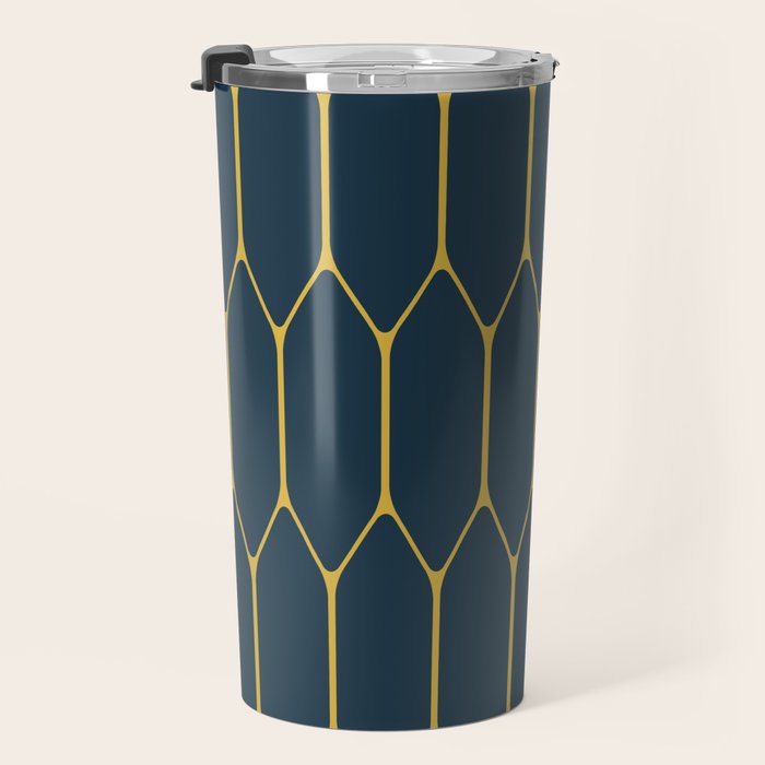 Long Honeycomb Minimalist Geometric Pattern in Light Mustard and Navy Blue Travel Mug Gallery Image 3