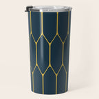 Long Honeycomb Minimalist Geometric Pattern in Light Mustard and Navy Blue Travel Mug Gallery Image 3