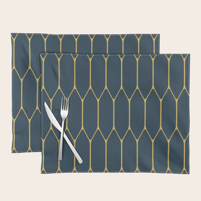 Long Honeycomb Minimalist Geometric Pattern in Light Mustard and Navy Blue Placemat Gallery Image 1