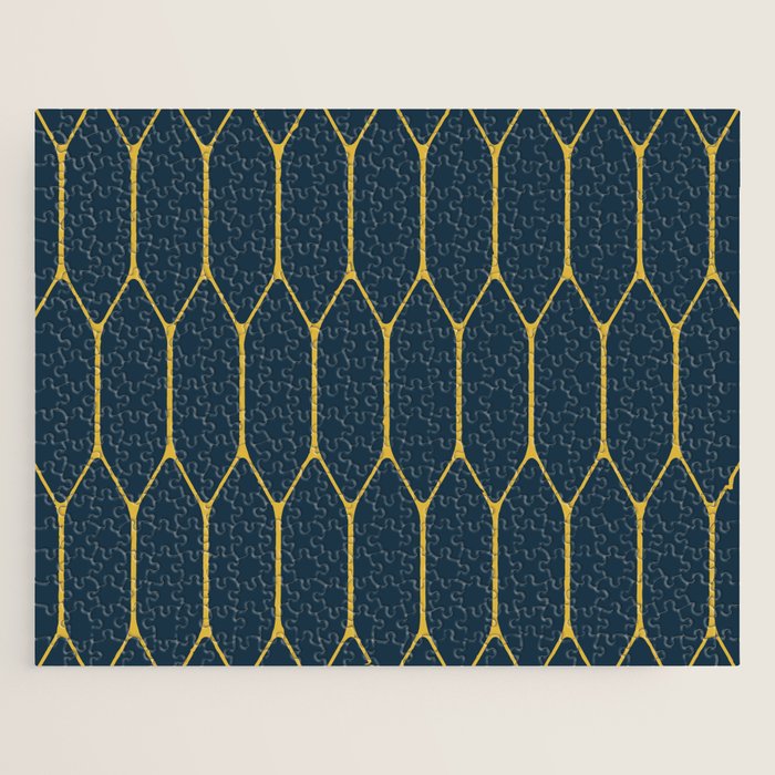 Long Honeycomb Minimalist Geometric Pattern in Light Mustard and Navy Blue Jigsaw Puzzle Gallery Image 1
