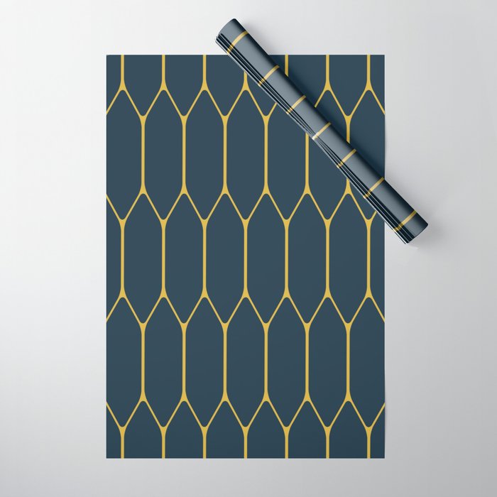 Long Honeycomb Minimalist Geometric Pattern in Light Mustard and Navy Blue Wrapping Paper Gallery Image 1