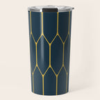 Long Honeycomb Minimalist Geometric Pattern in Light Mustard and Navy Blue Travel Mug Gallery Image 1