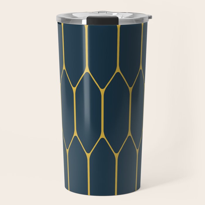 Long Honeycomb Minimalist Geometric Pattern in Light Mustard and Navy Blue Travel Mug Gallery Image 1