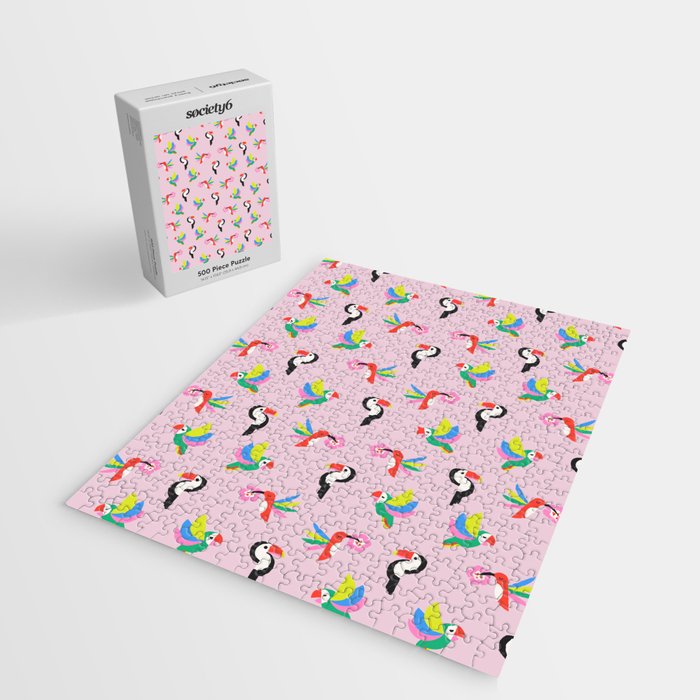 Happy Tropical Jungle Birds Toucan Hummingbird Parrot Pink Jigsaw Puzzle Gallery Image 2