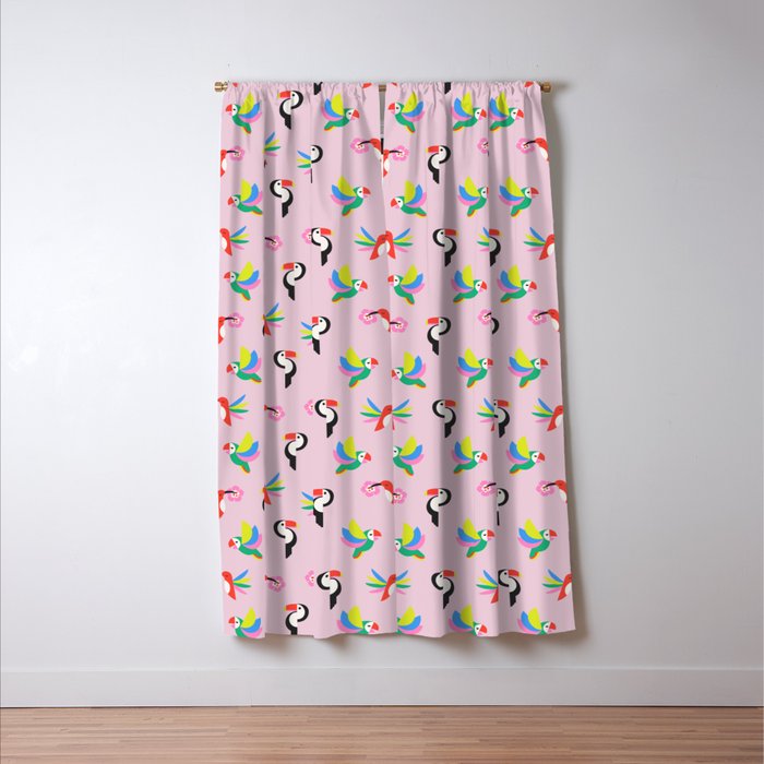 Happy Tropical Jungle Birds Toucan Hummingbird Parrot Pink Window Curtain Gallery Image 3