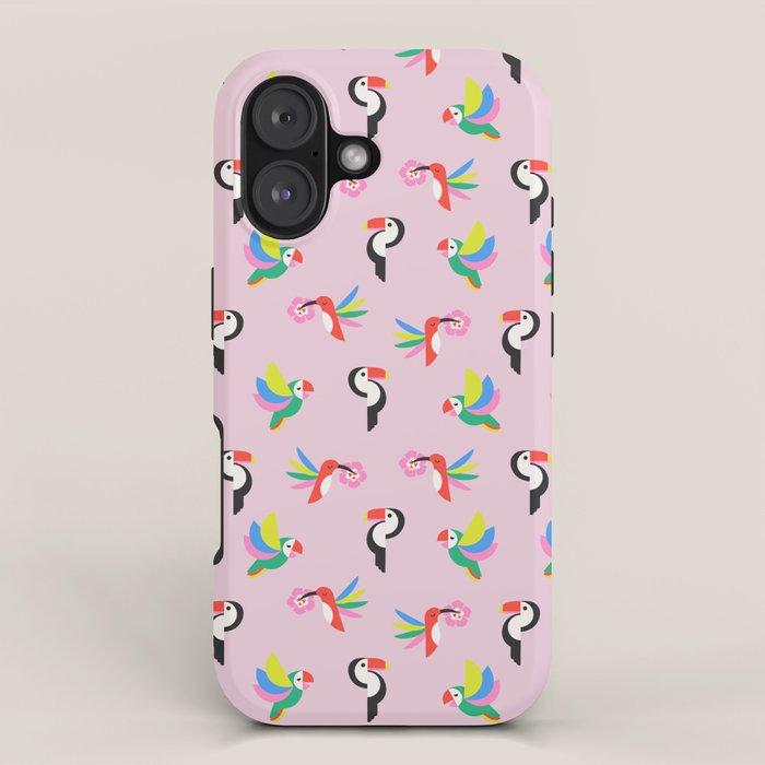Happy Tropical Jungle Birds Toucan Hummingbird Parrot Pink iPhone Case Gallery Image 1