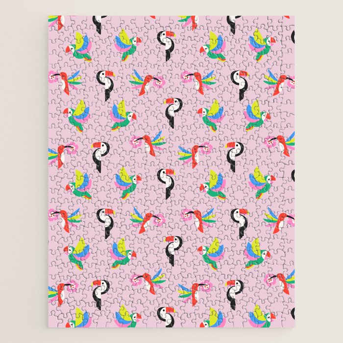 Happy Tropical Jungle Birds Toucan Hummingbird Parrot Pink Jigsaw Puzzle Gallery Image 1