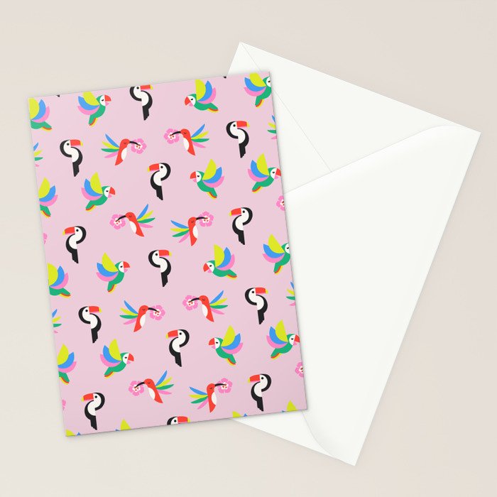 Happy Tropical Jungle Birds Toucan Hummingbird Parrot Pink Stationery Card Gallery Image 2