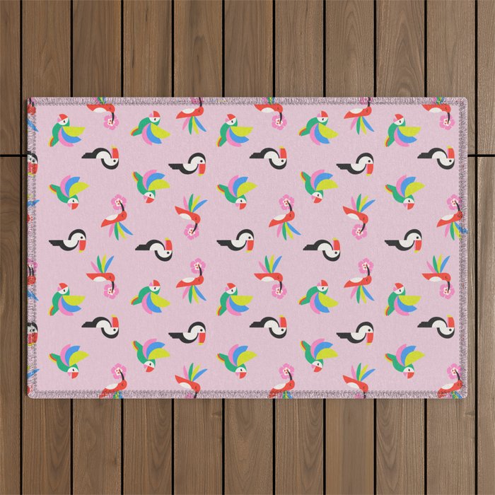 Happy Tropical Jungle Birds Toucan Hummingbird Parrot Pink Outdoor Rug Gallery Image 1