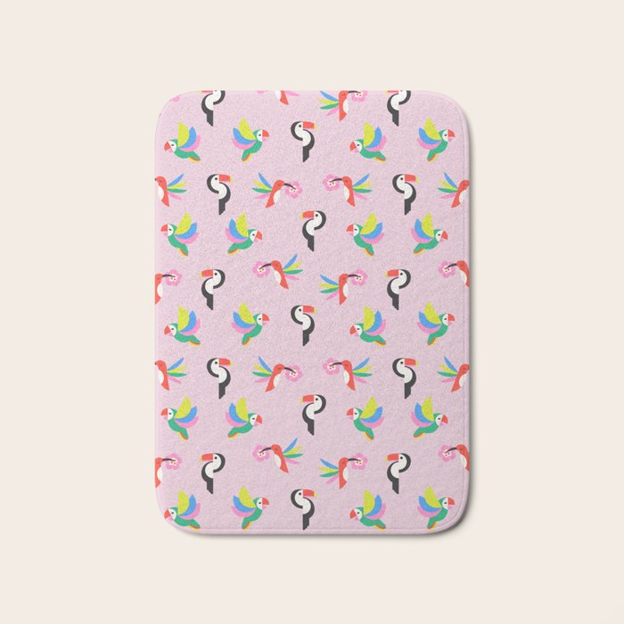 Happy Tropical Jungle Birds Toucan Hummingbird Parrot Pink Bath Mat Gallery Image 1