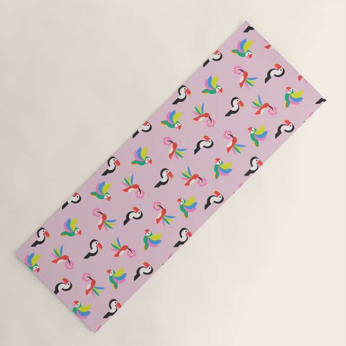 Happy Tropical Jungle Birds Toucan Hummingbird Parrot Pink Yoga Mat Gallery Image 1