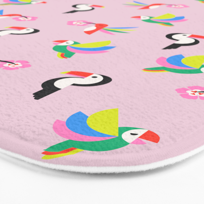 Happy Tropical Jungle Birds Toucan Hummingbird Parrot Pink Bath Mat Gallery Image 3