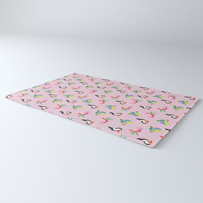 Happy Tropical Jungle Birds Toucan Hummingbird Parrot Pink Rug Gallery Image 3