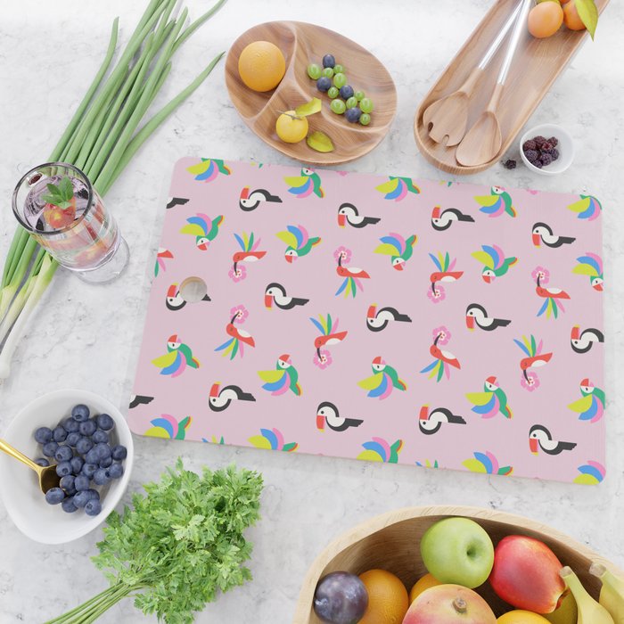 Happy Tropical Jungle Birds Toucan Hummingbird Parrot Pink Cutting Board Gallery Image 2