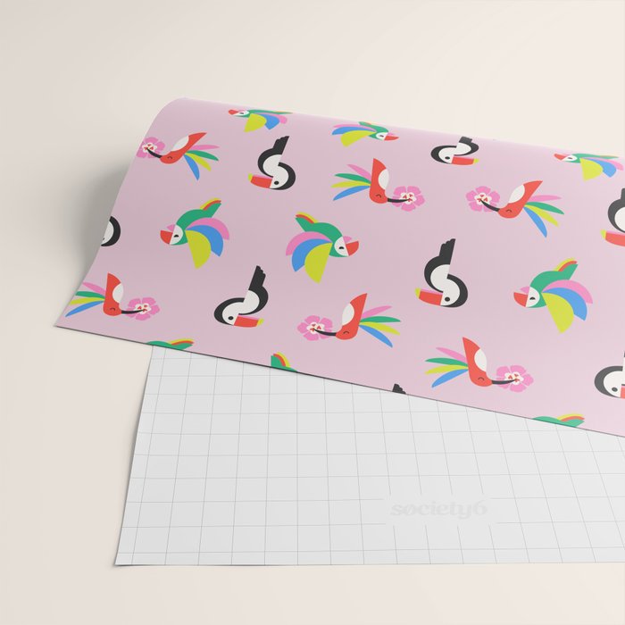 Happy Tropical Jungle Birds Toucan Hummingbird Parrot Pink Wrapping Paper Gallery Image 2