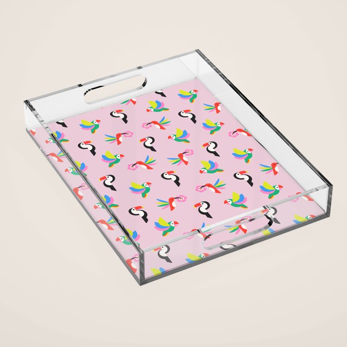 Happy Tropical Jungle Birds Toucan Hummingbird Parrot Pink Acrylic Tray Gallery Image 1
