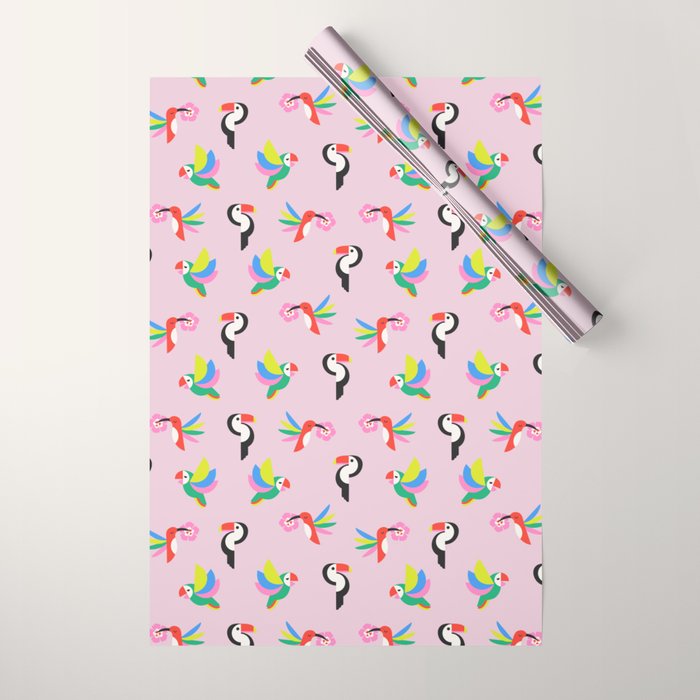 Happy Tropical Jungle Birds Toucan Hummingbird Parrot Pink Wrapping Paper Gallery Image 1