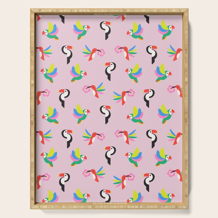 Happy Tropical Jungle Birds Toucan Hummingbird Parrot Pink Serving Tray Gallery Image 1