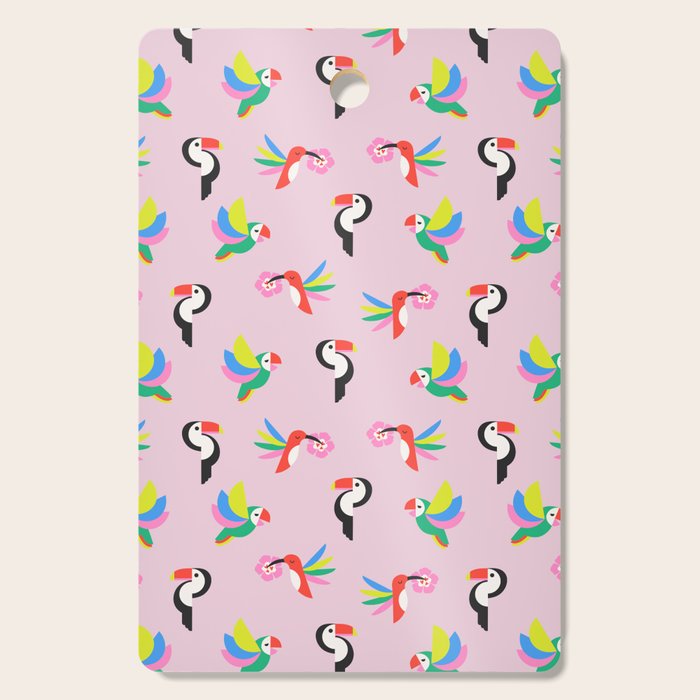 Happy Tropical Jungle Birds Toucan Hummingbird Parrot Pink Cutting Board Gallery Image 1