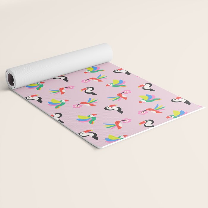 Happy Tropical Jungle Birds Toucan Hummingbird Parrot Pink Yoga Mat Gallery Image 2