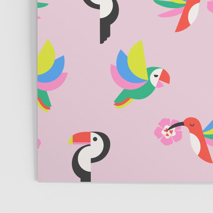 Happy Tropical Jungle Birds Toucan Hummingbird Parrot Pink Poster Gallery Image 3