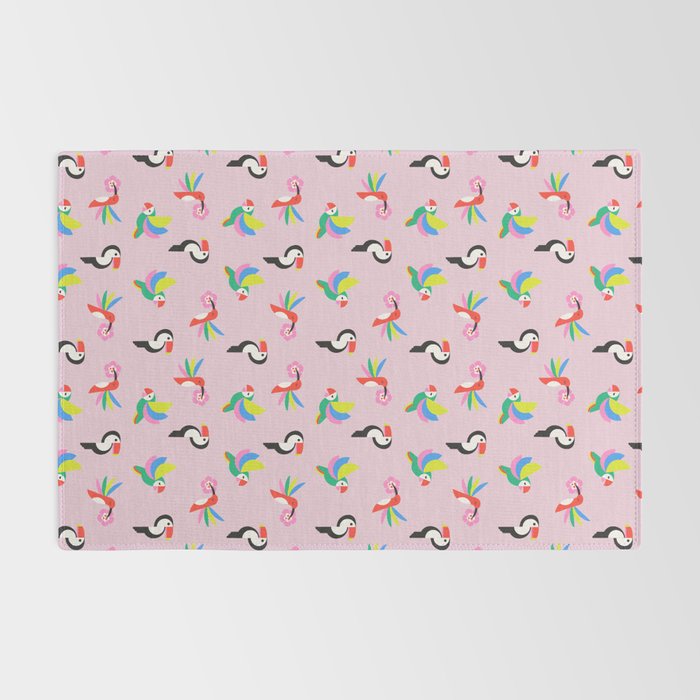 Happy Tropical Jungle Birds Toucan Hummingbird Parrot Pink Rug Gallery Image 2