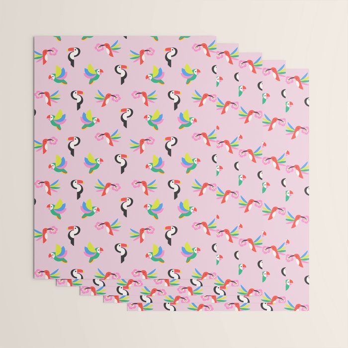 Happy Tropical Jungle Birds Toucan Hummingbird Parrot Pink Wrapping Paper Gallery Image 3