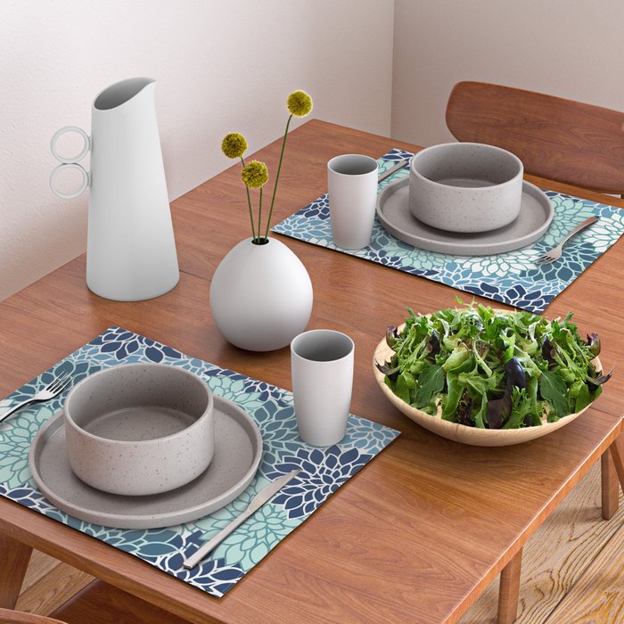 Dahlia Floral Blooms, Teal, Blue White Placemat Gallery Image 2