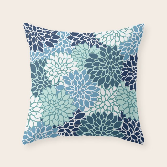 Dahlia Floral Blooms, Teal, Blue White Throw Pillow Gallery Image 6