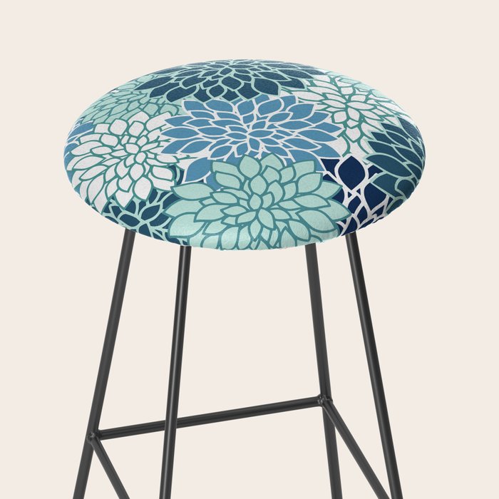 Dahlia Floral Blooms, Teal, Blue White Stool Gallery Image 2