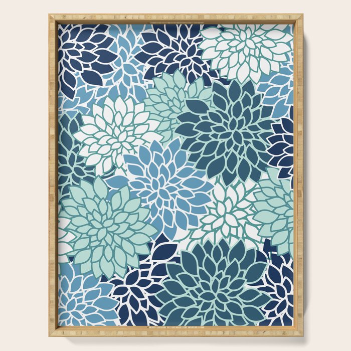Dahlia Floral Blooms, Teal, Blue White Serving Tray Gallery Image 1