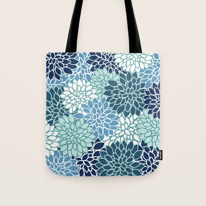 Dahlia Floral Blooms, Teal, Blue White Tote Bag Gallery Image 1