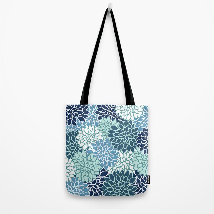 Dahlia Floral Blooms, Teal, Blue White Tote Bag Gallery Image 2