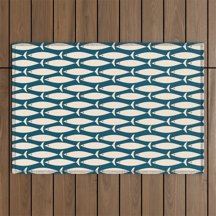 Mid Century Modern Fish Minimalist Geo Pattern Teal Orange Cream Outdoor Rug Gallery Image 1