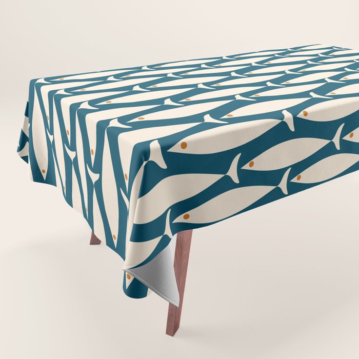 Mid Century Modern Fish Minimalist Geo Pattern Teal Orange Cream Tablecloth Gallery Image 1