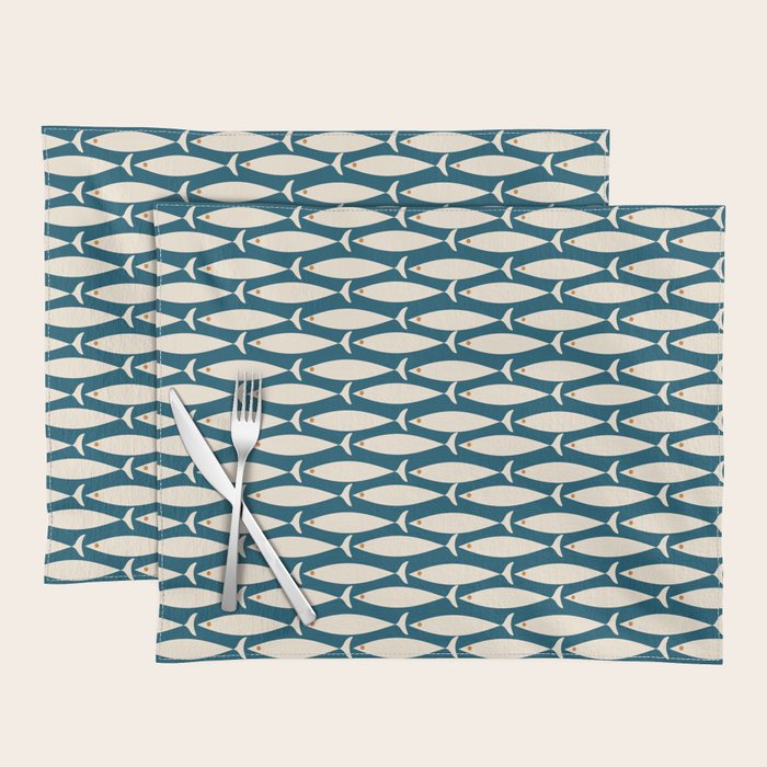 Mid Century Modern Fish Minimalist Geo Pattern Teal Orange Cream Placemat Gallery Image 1