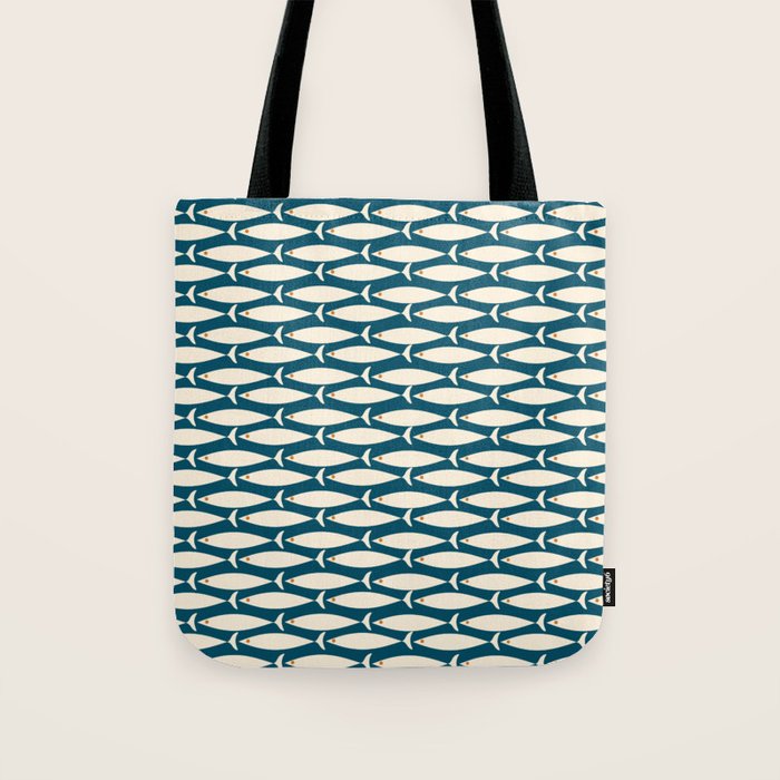 Mid Century Modern Fish Minimalist Geo Pattern Teal Orange Cream Tote Bag Gallery Image 1