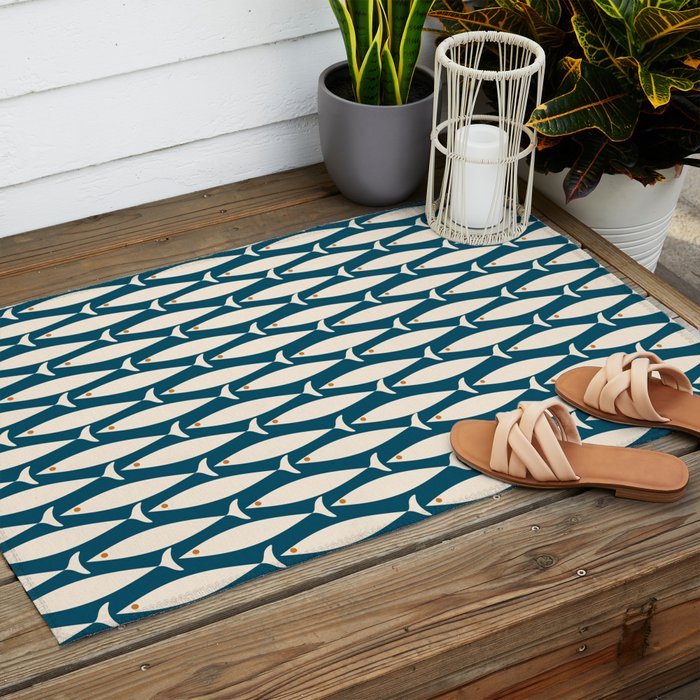 Mid Century Modern Fish Minimalist Geo Pattern Teal Orange Cream Outdoor Rug Gallery Image 2