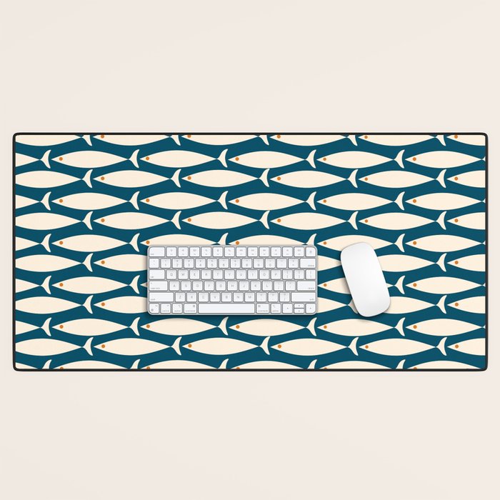 Mid Century Modern Fish Minimalist Geo Pattern Teal Orange Cream Desk Mat Gallery Image 1