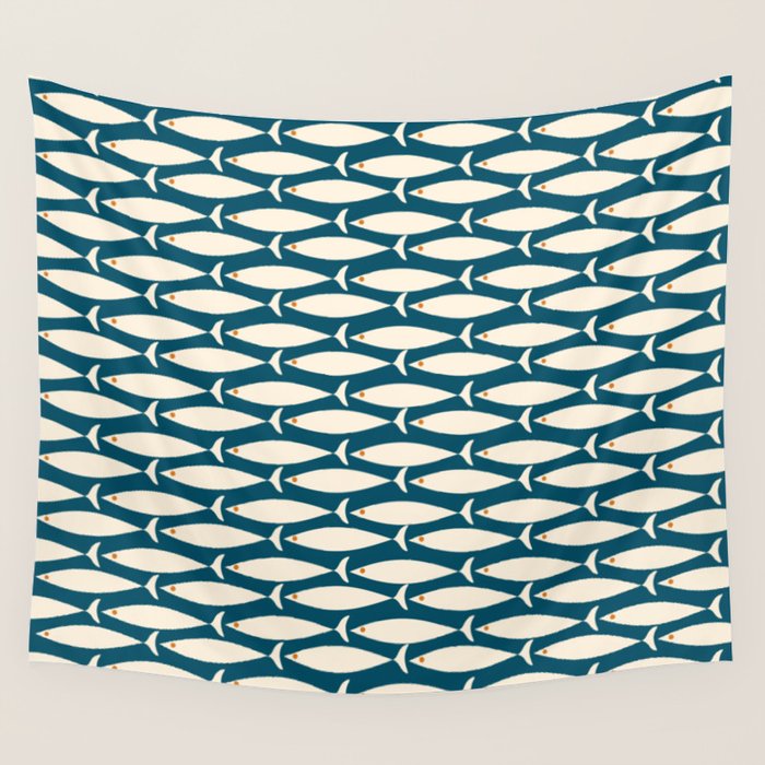 Mid Century Modern Fish Minimalist Geo Pattern Teal Orange Cream Wall Tapestry Gallery Image 4