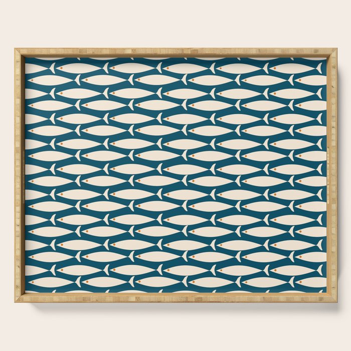 Mid Century Modern Fish Minimalist Geo Pattern Teal Orange Cream Serving Tray Gallery Image 1