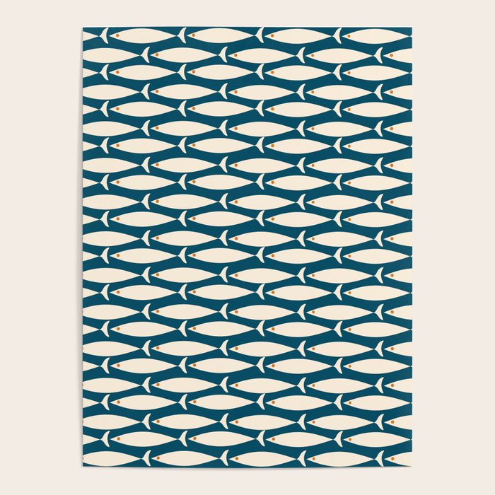 Mid Century Modern Fish Minimalist Geo Pattern Teal Orange Cream Poster Gallery Image 1